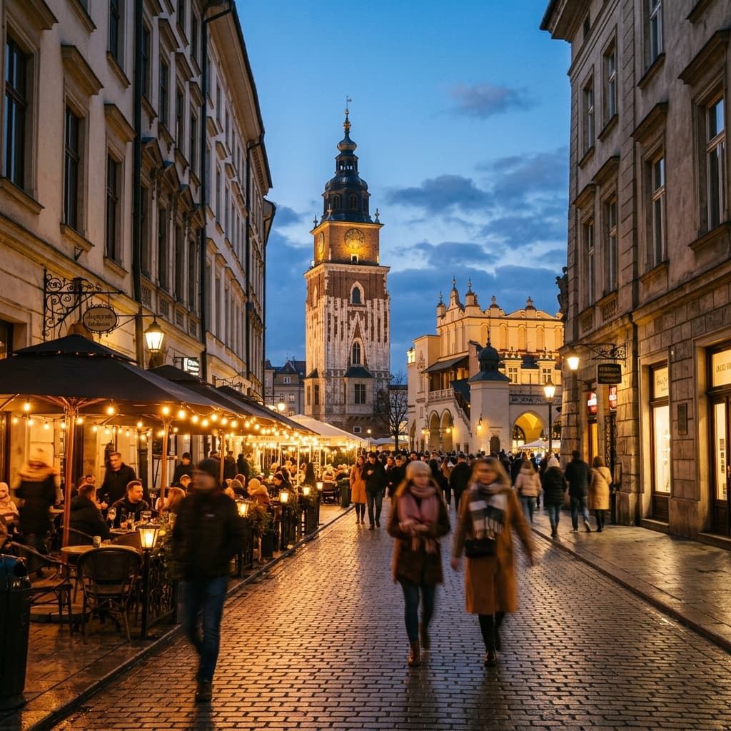 Historic Krakow street at dusk leading to the Main Square